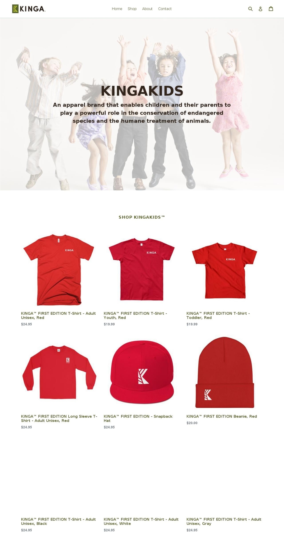 kingakids.com — Shopify storefront screenshot