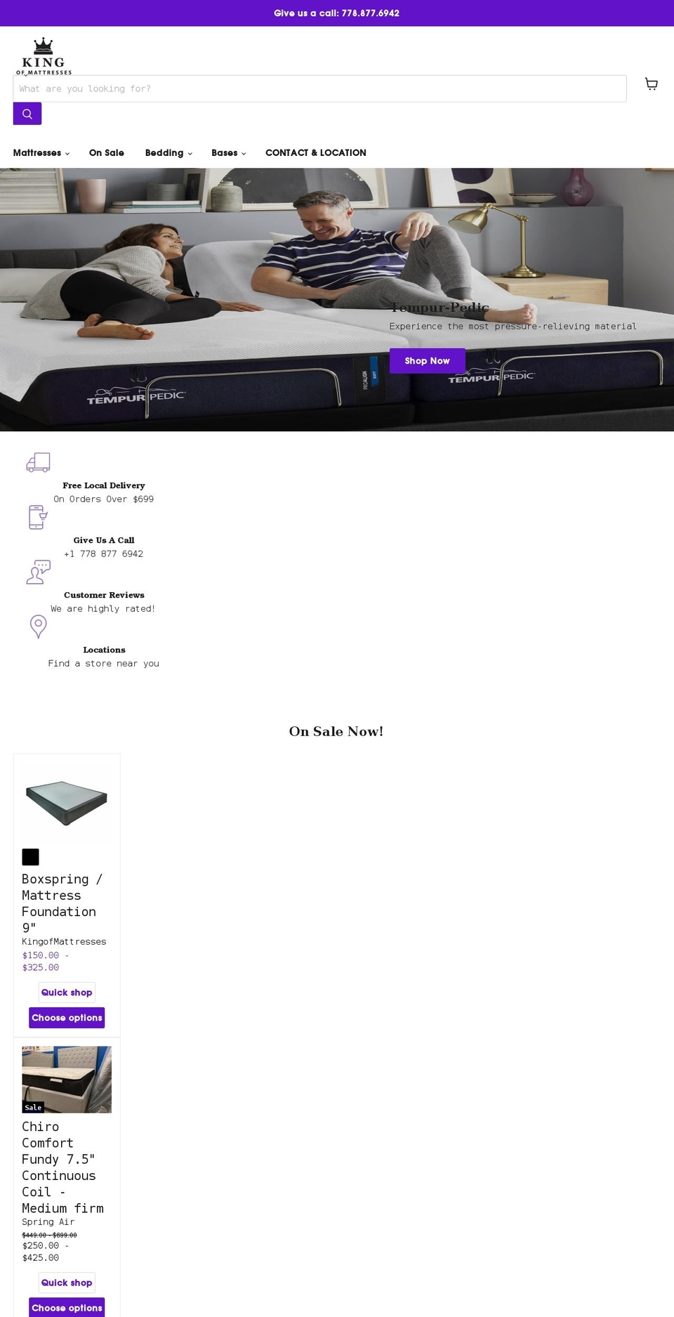 kingofmattresses.ca shopify website screenshot