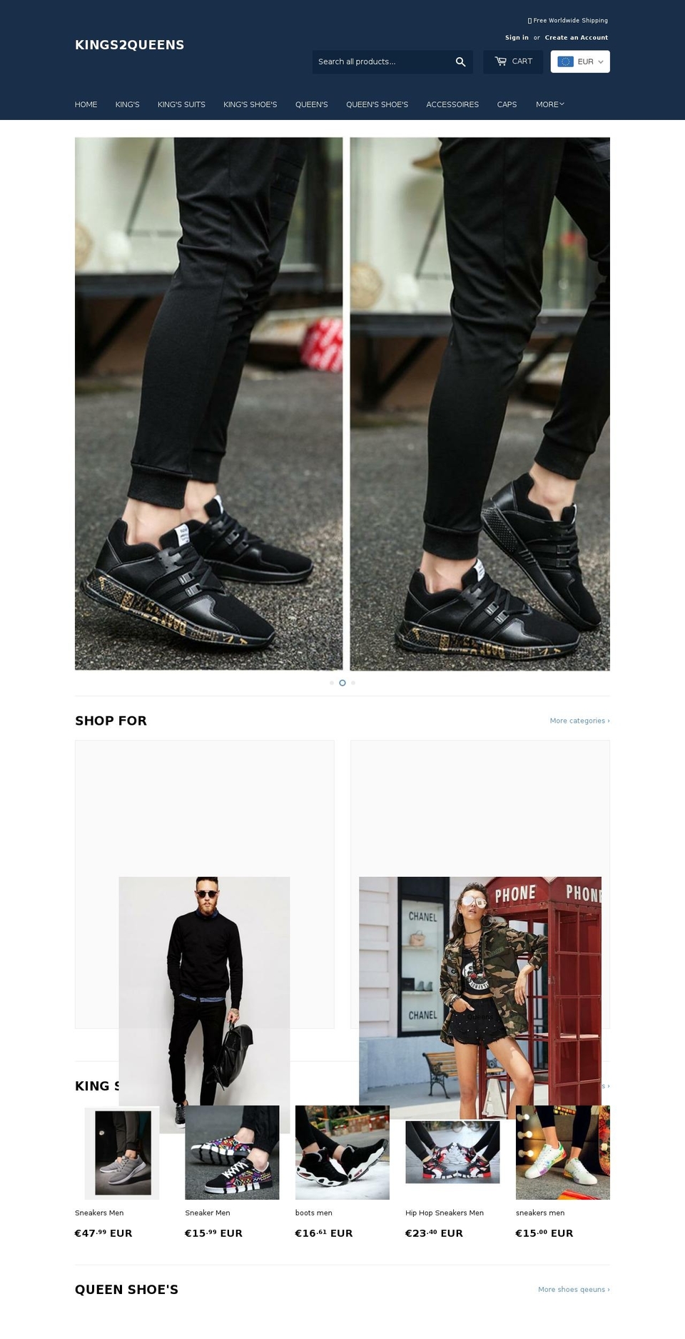 kings2queens.com — Shopify storefront screenshot
