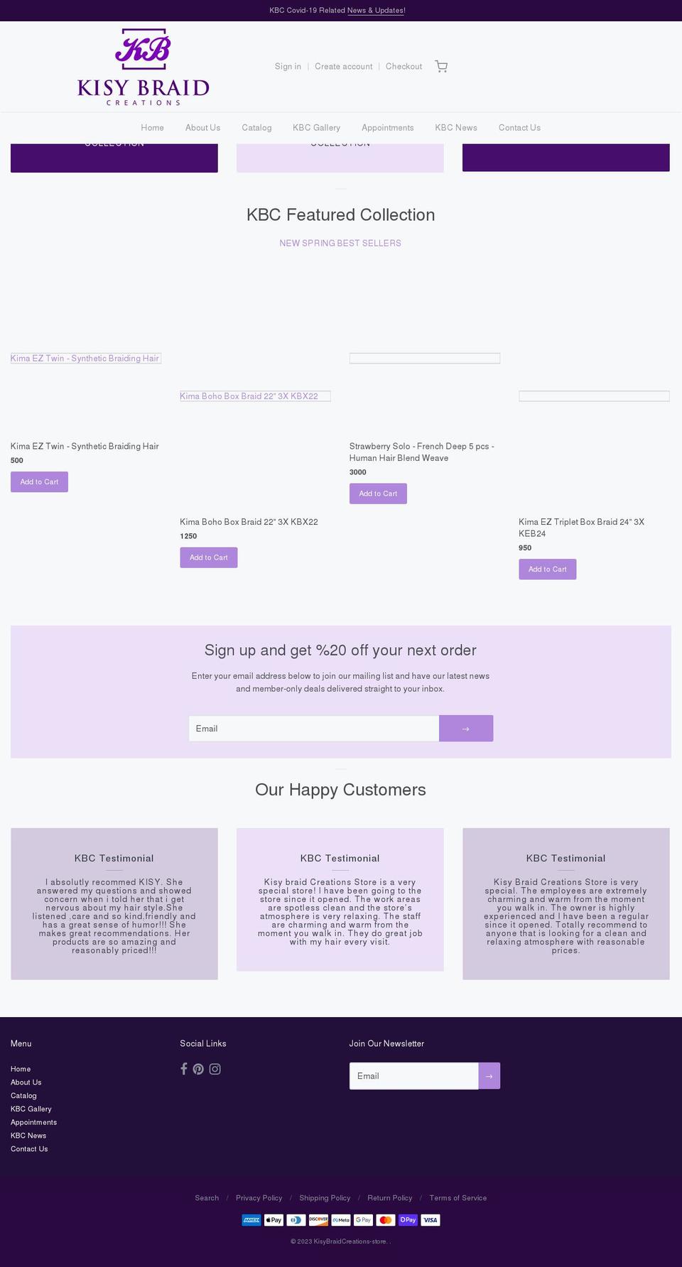 kisybraids.com shopify website screenshot
