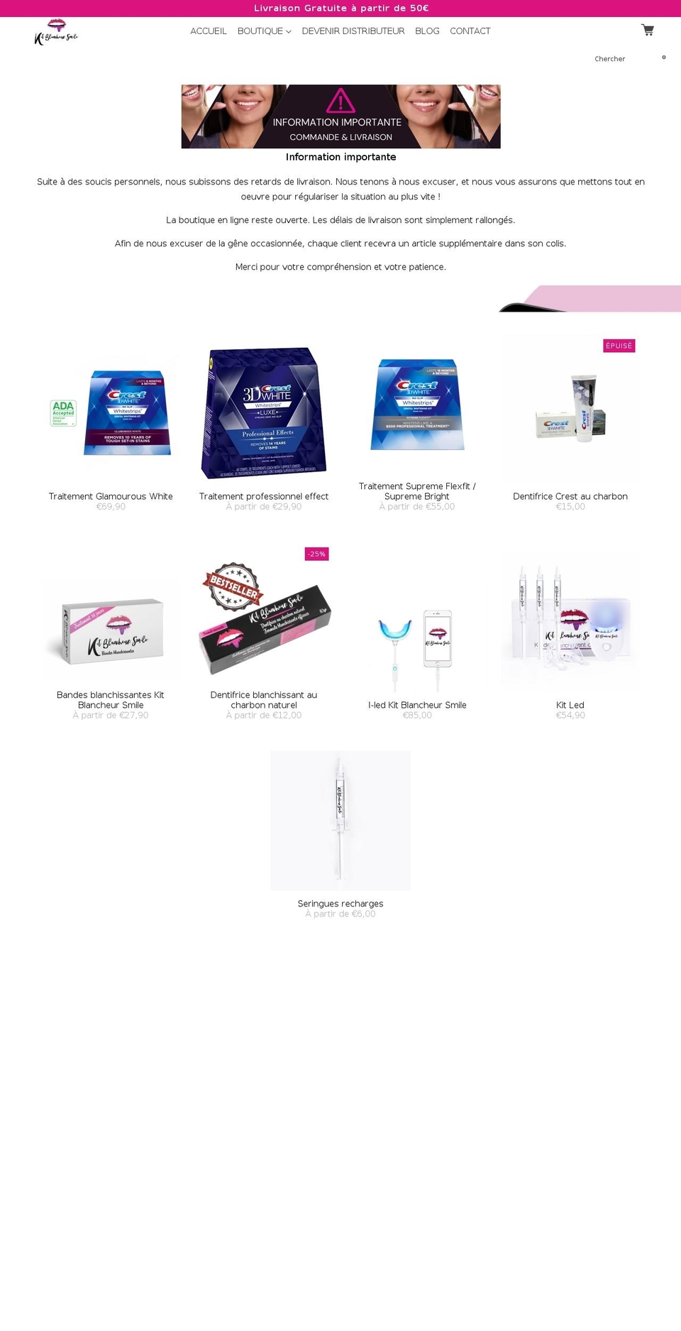kitblancheursmile.com — Shopify storefront screenshot