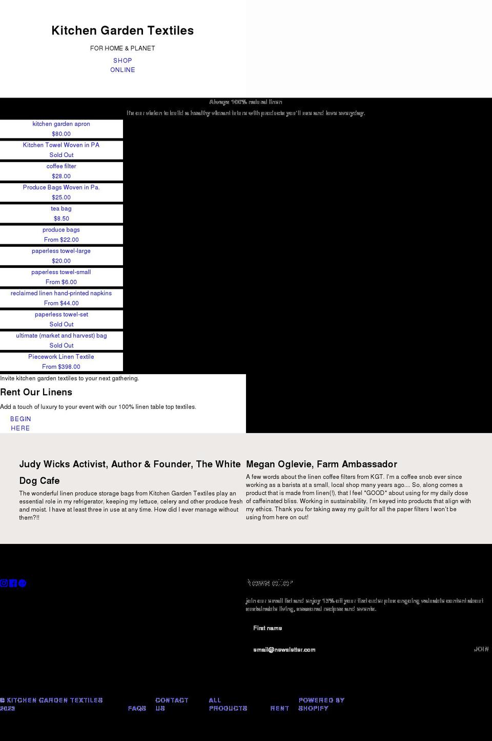 kitchengardentextiles.com shopify website screenshot
