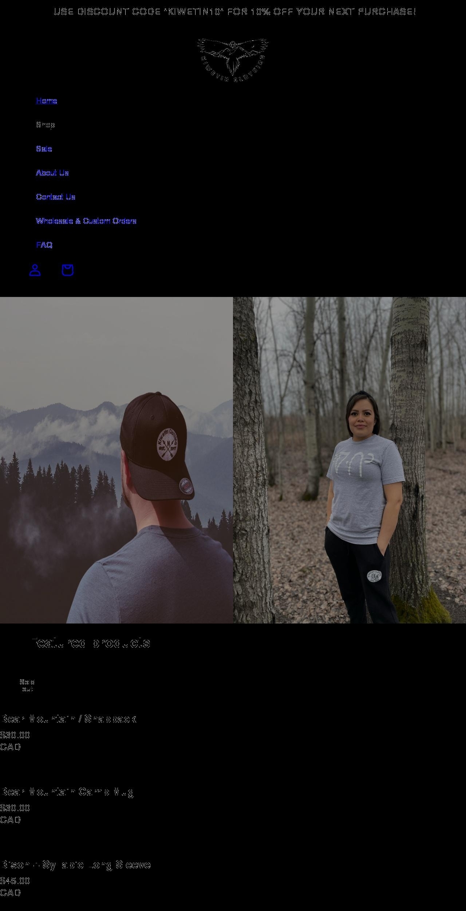 kiwetinclothing.ca shopify website screenshot