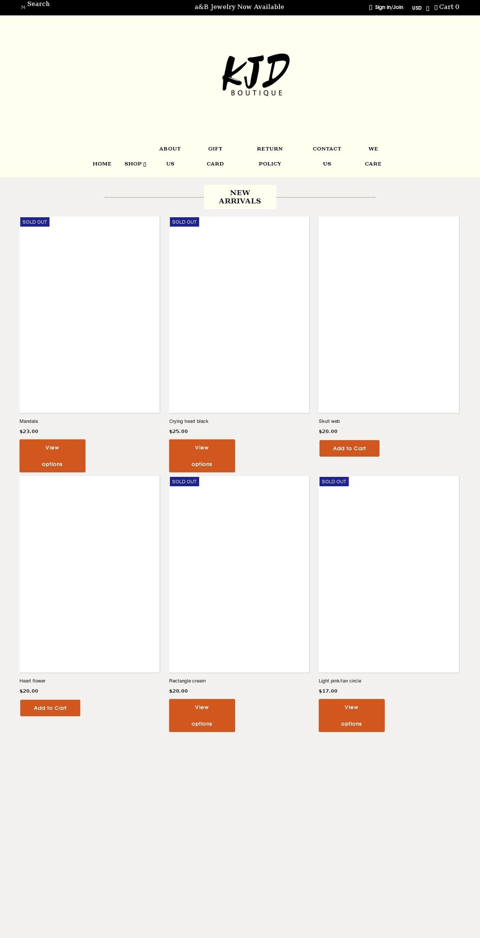 kjdboutique.com shopify website screenshot