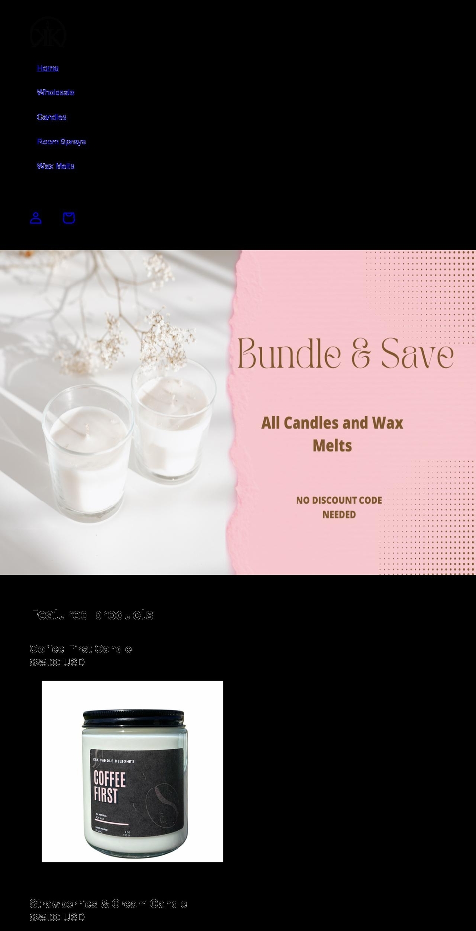 kkcandledelights.com shopify website screenshot