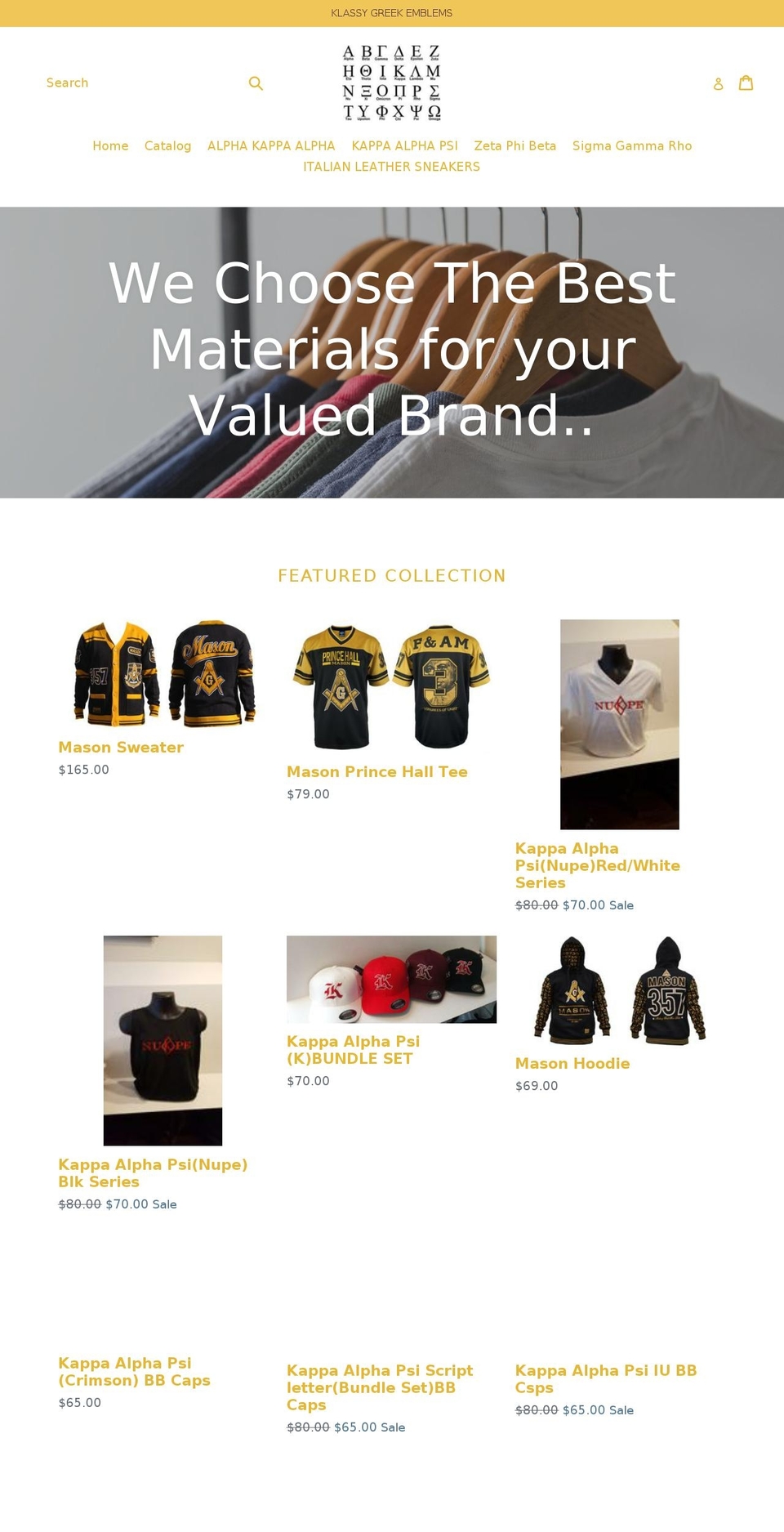 klassygreekemblems.com shopify website screenshot