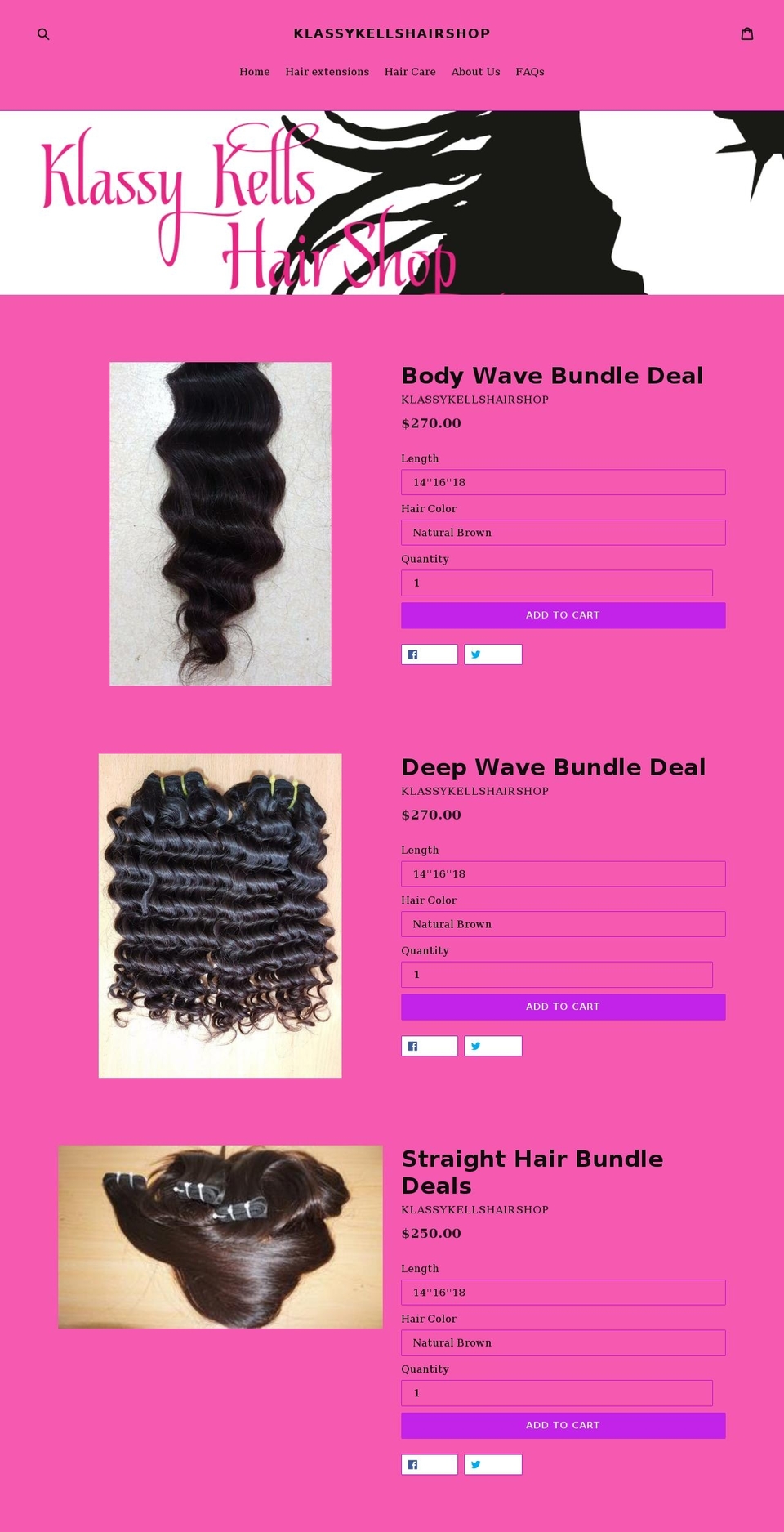 klassykellshairshop.com — Shopify storefront screenshot