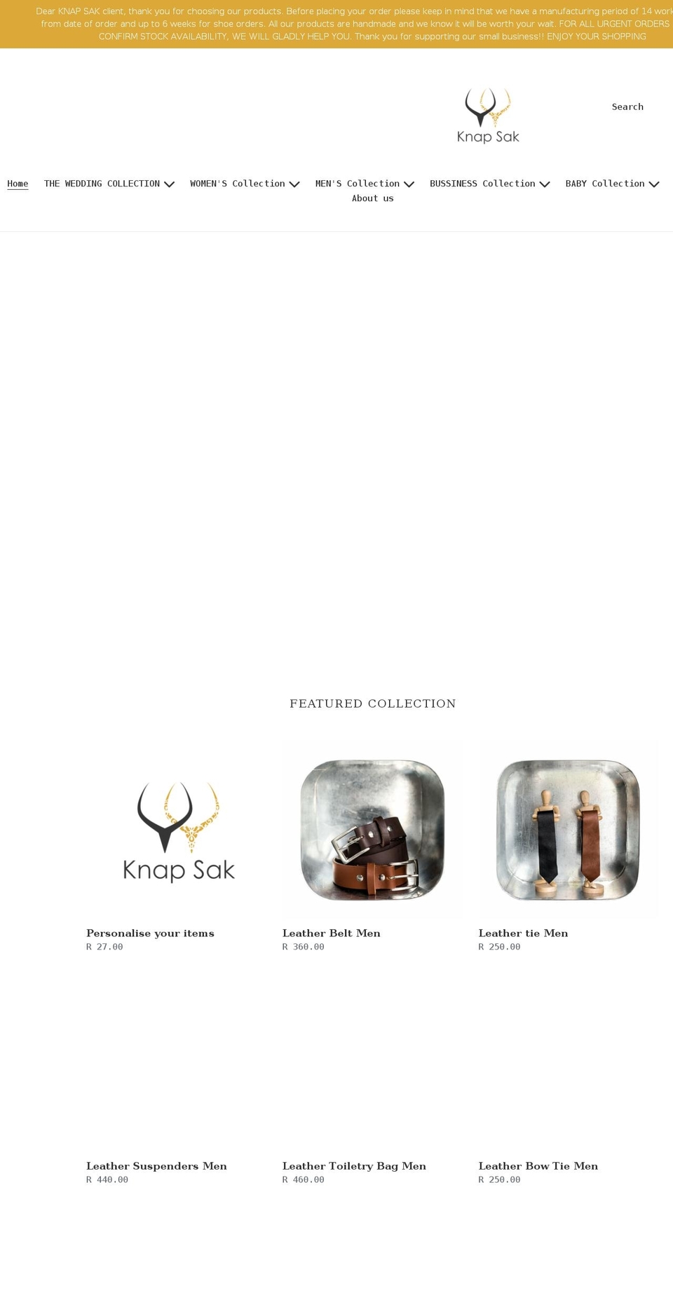 knapsakleather.co.za shopify website screenshot