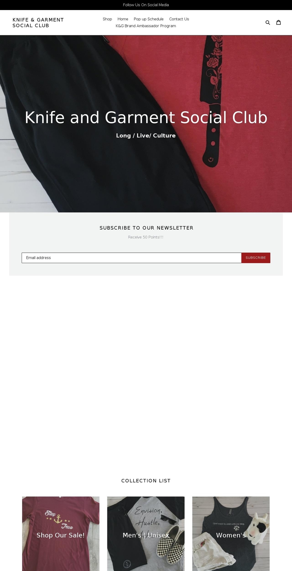 knifeandgarmentsocialclub.com — Shopify storefront screenshot