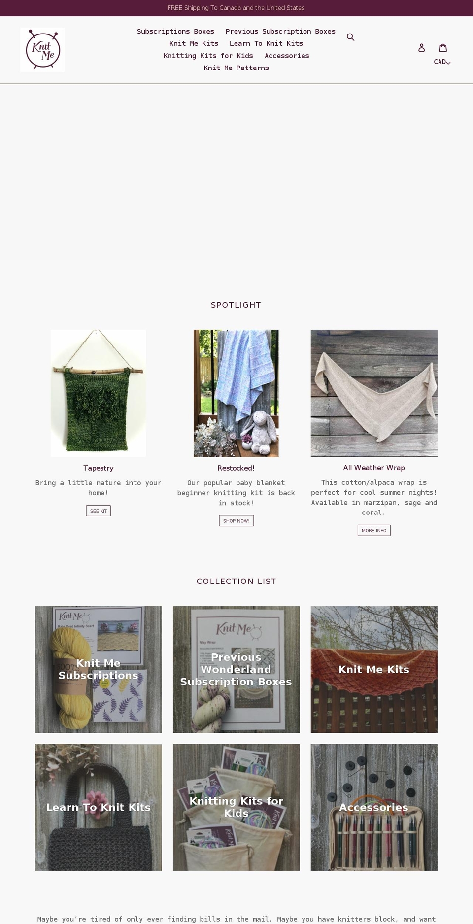 knitme.ca shopify website screenshot