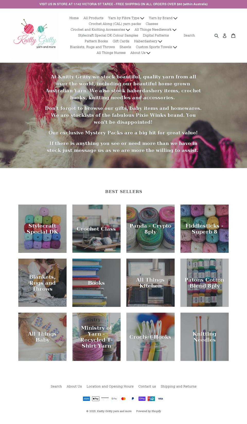 knittygrittyyarnandmore.com shopify website screenshot