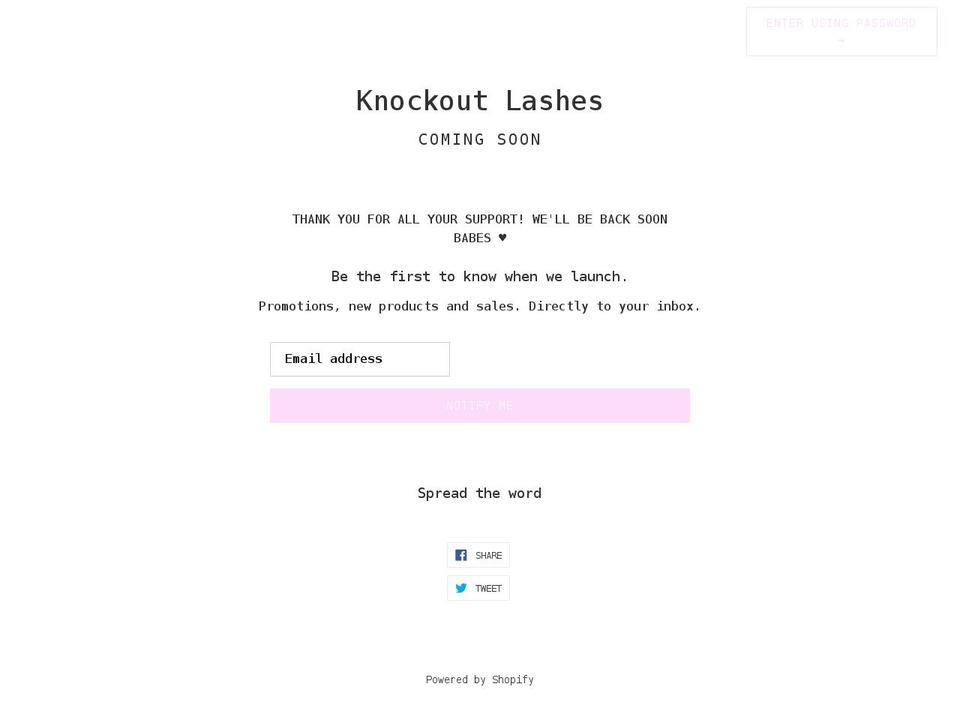 knockoutxlashes.com shopify website screenshot