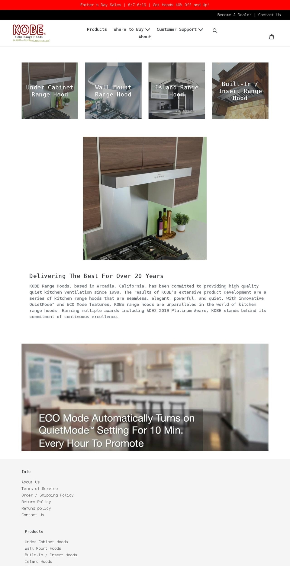 kobe-range-hoods.myshopify.com shopify website screenshot