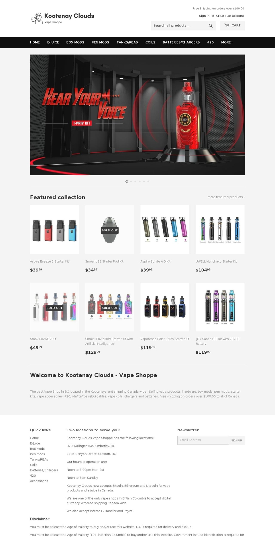 kootenayclouds.ca shopify website screenshot