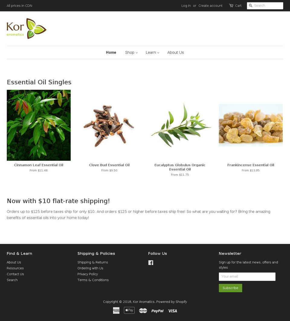 koraromatics.ca shopify website screenshot