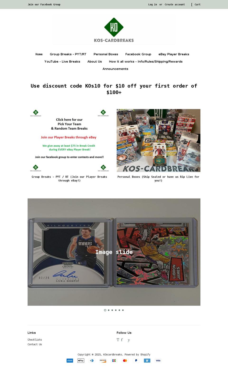 koscardbreaks.com shopify website screenshot
