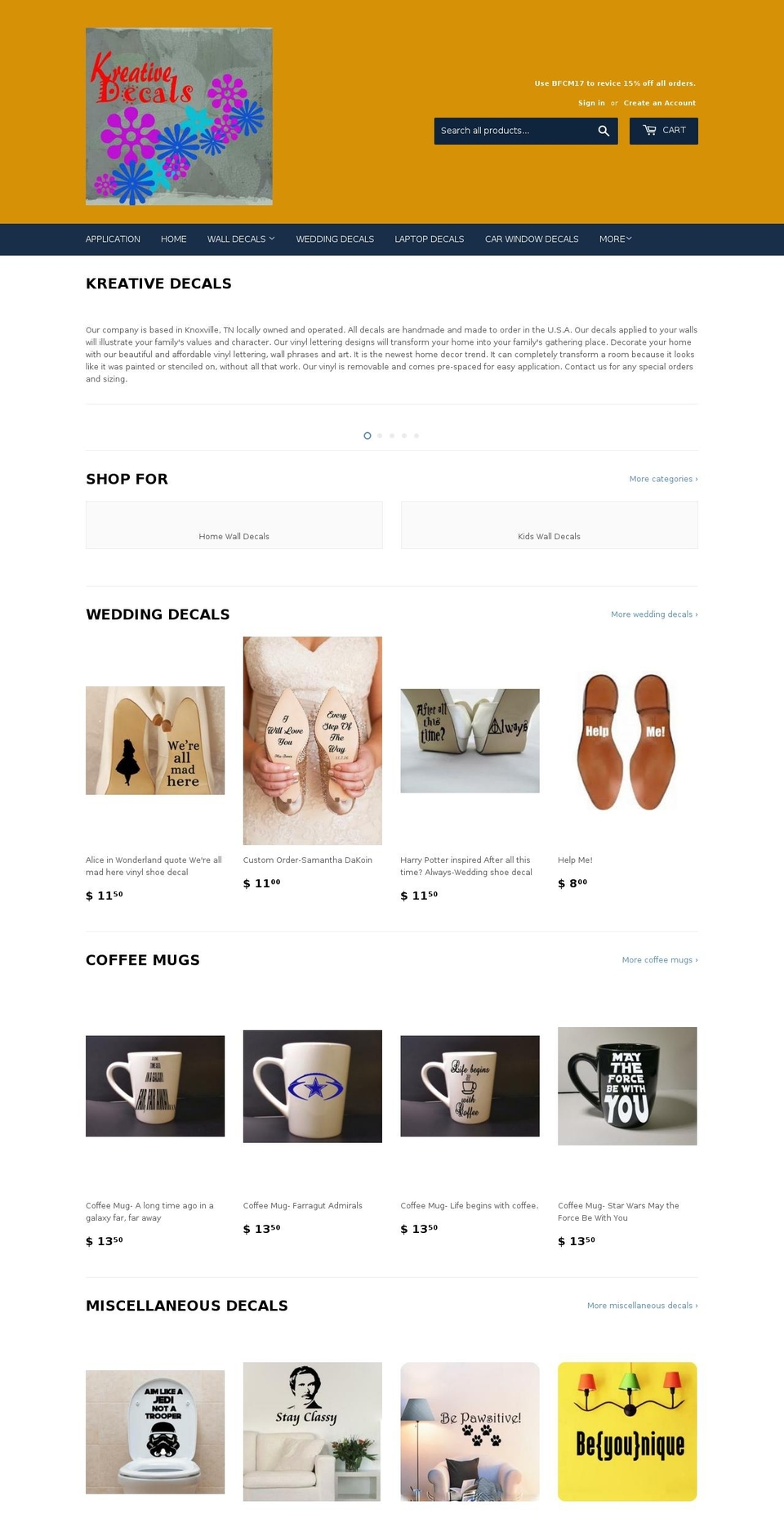 kreativedecals.com — Shopify storefront screenshot
