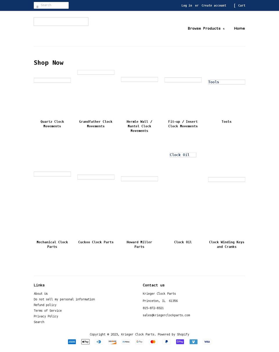 kriegerclockparts.com shopify website screenshot