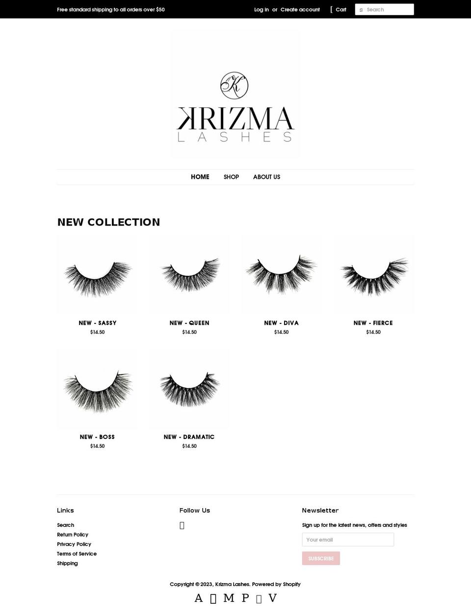krizmalashes.com — Shopify storefront screenshot