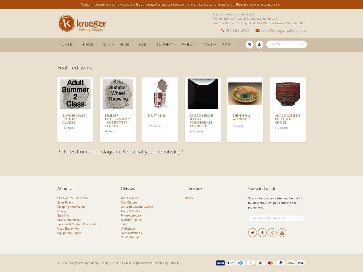 kruegerpotterysupply.com — Shopify storefront screenshot