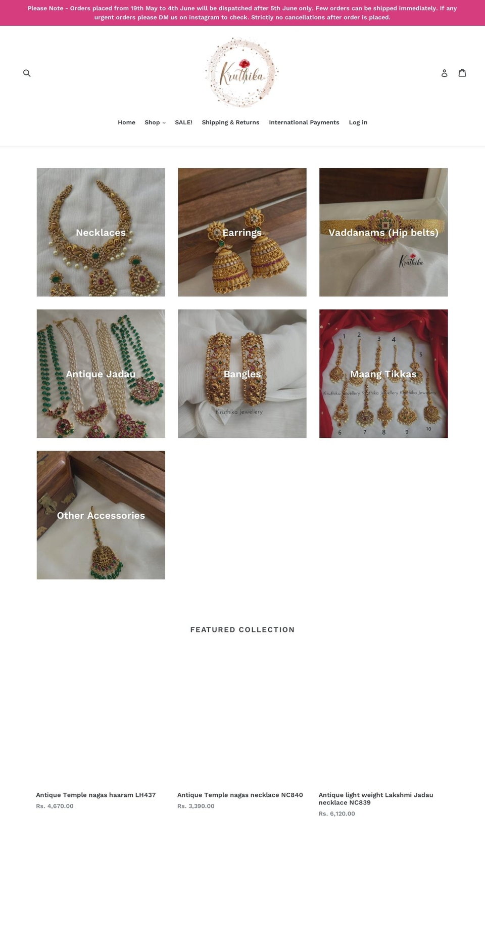 kruthikajewellery.com — Shopify storefront screenshot
