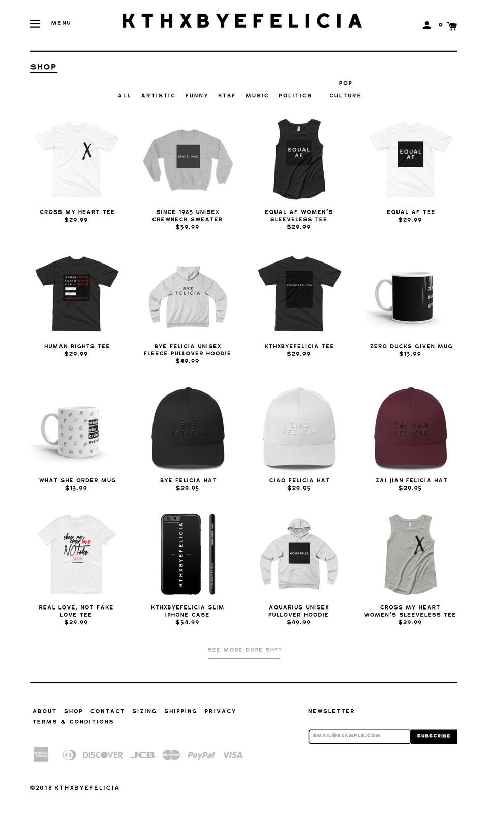 kthxbyefelicia.com — Shopify storefront screenshot