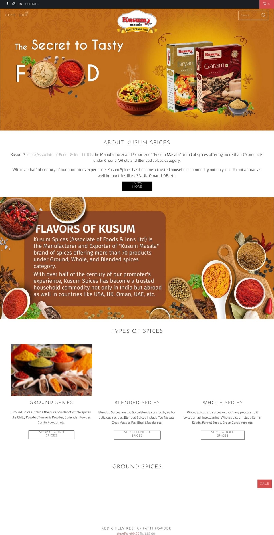 kusumspices.com shopify website screenshot