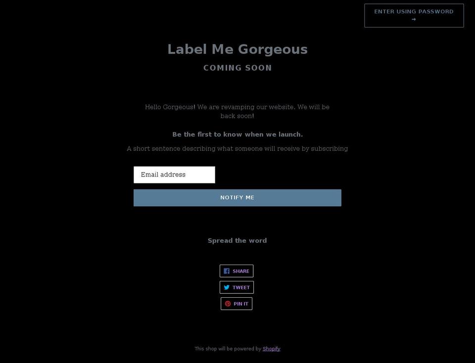 labelmegorgeous.net shopify website screenshot