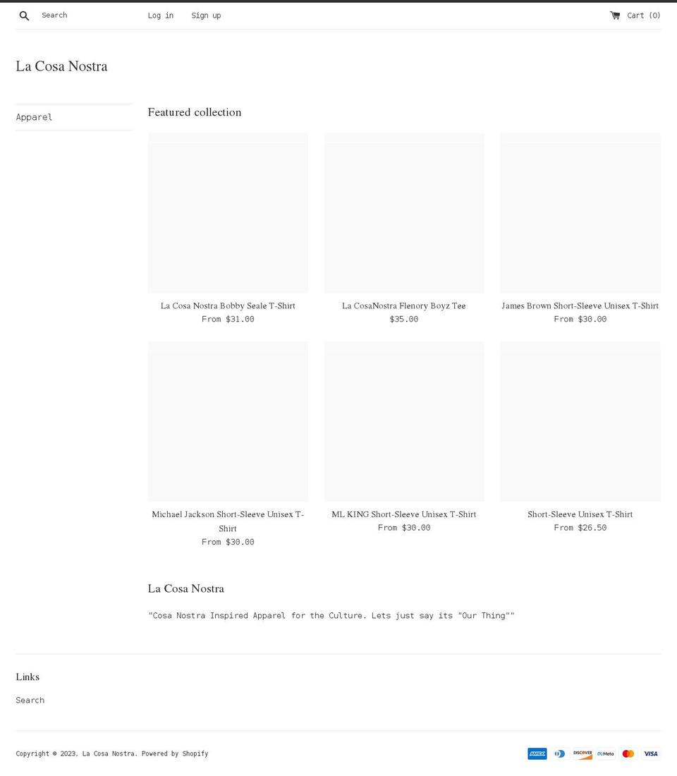 lacosanostraapparel.com shopify website screenshot