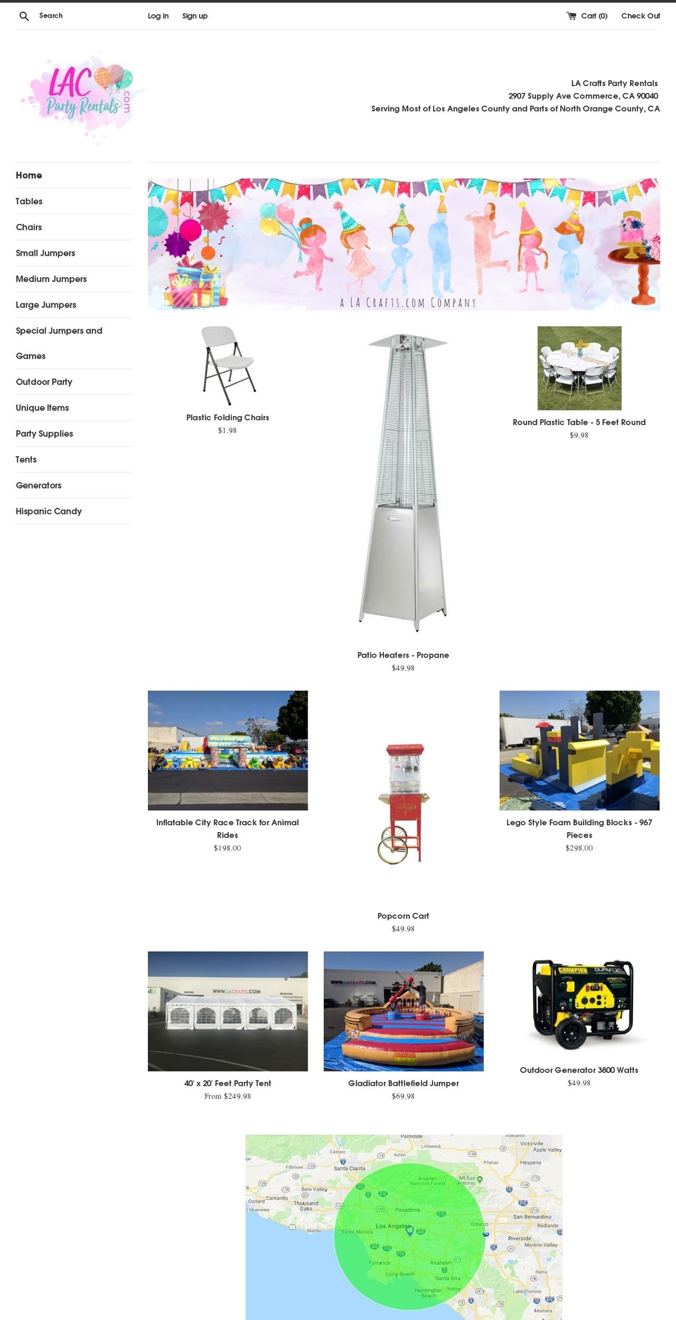 lacpartyrentals.com shopify website screenshot