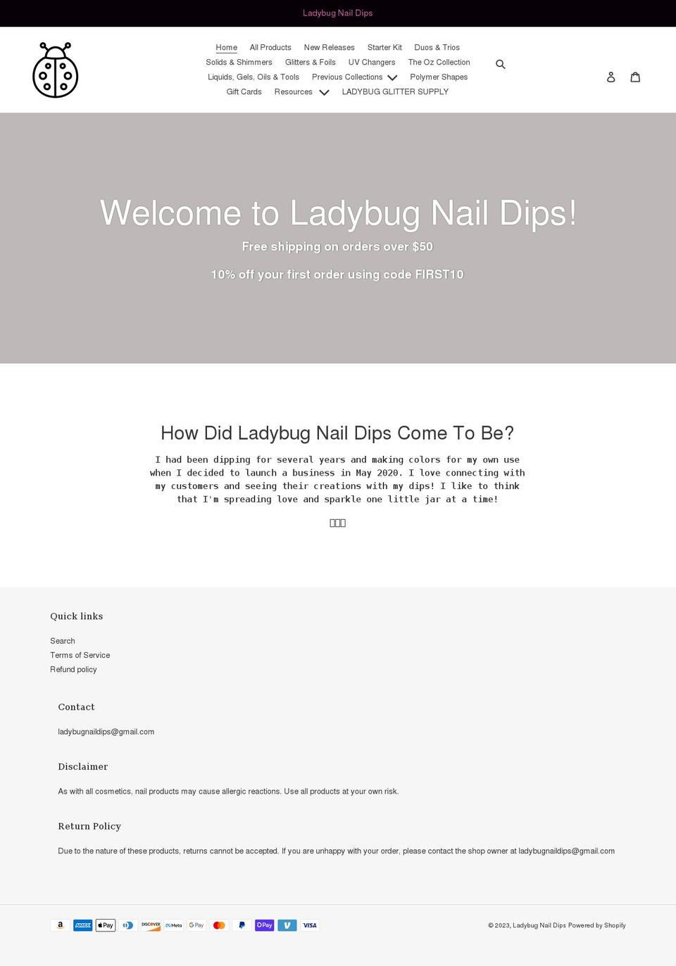 ladybugnaildips.com shopify website screenshot