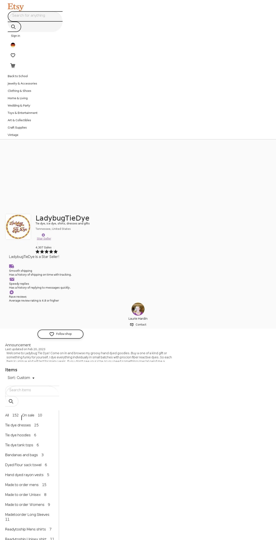 ladybugtiedye.com — Shopify storefront screenshot
