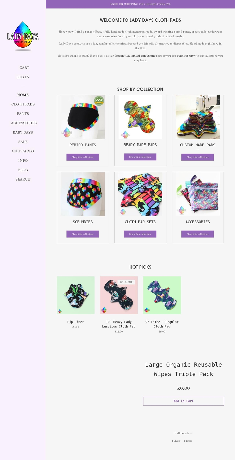 Copy of Pop Shopify theme site example ladydaysclothpads.co.uk