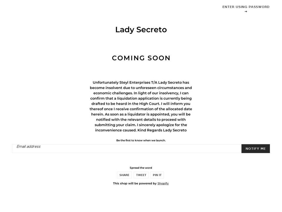 ladysecreto.co.za shopify website screenshot