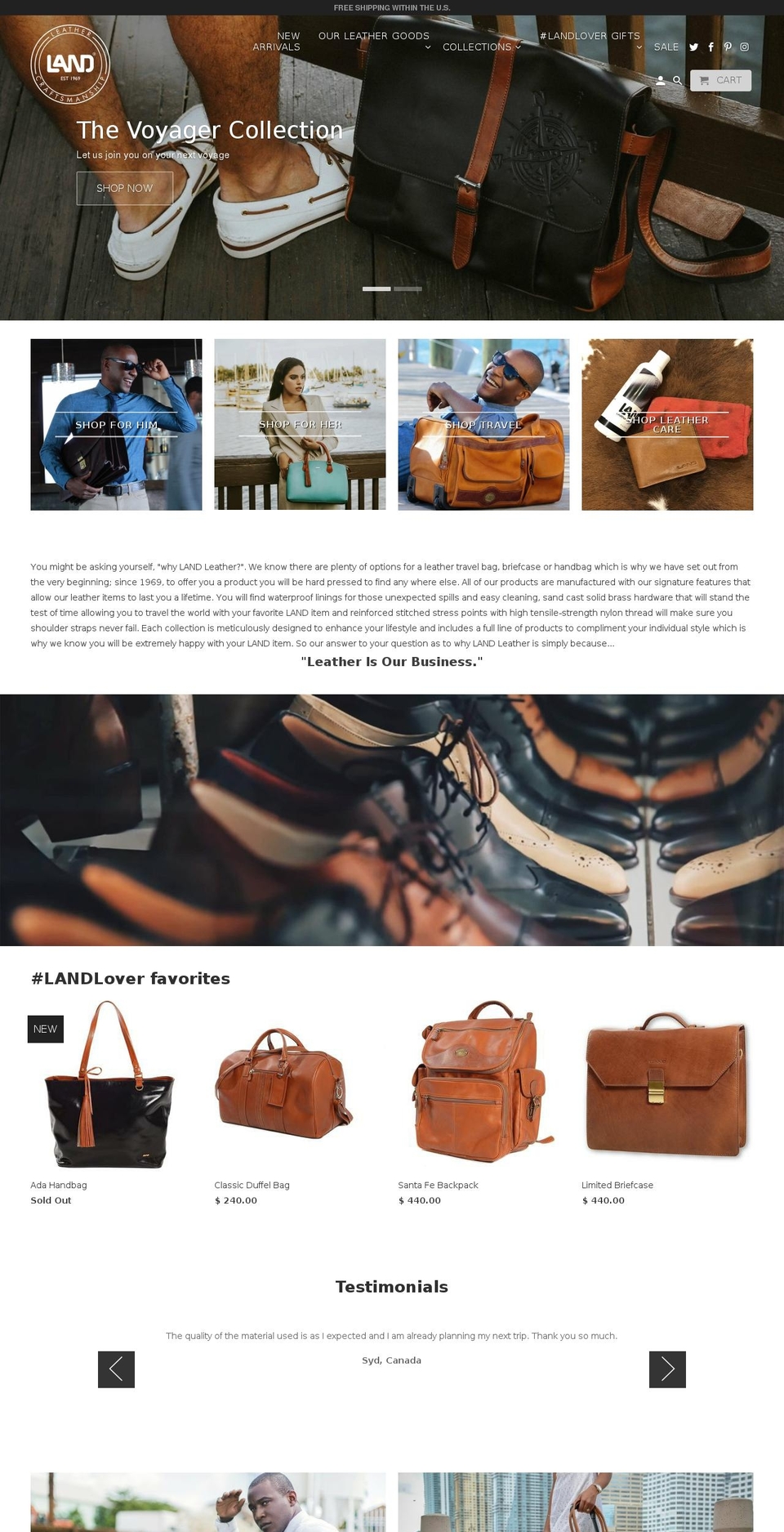 landleather.com shopify website screenshot