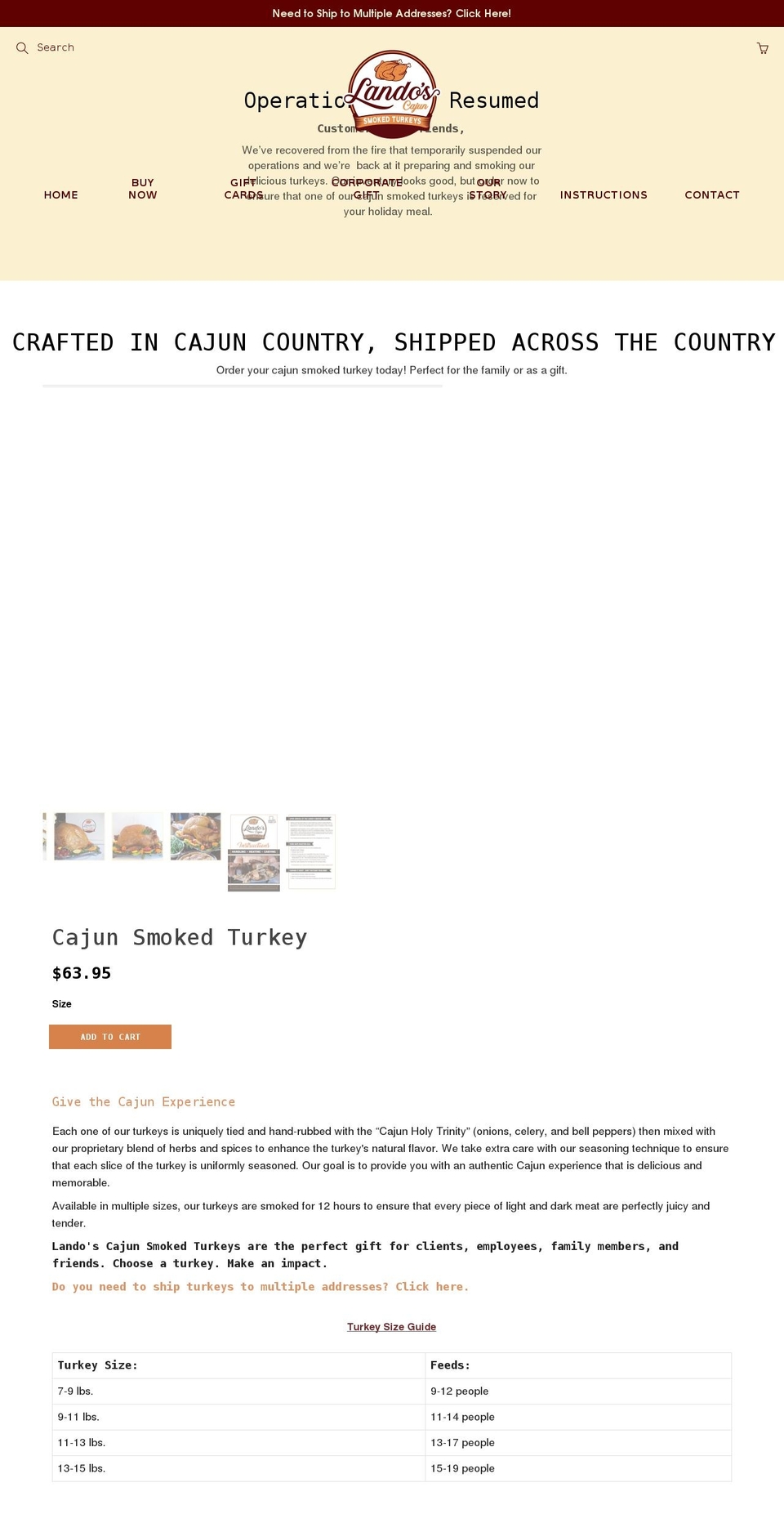 landoscajunsmokedturkeys.com shopify website screenshot