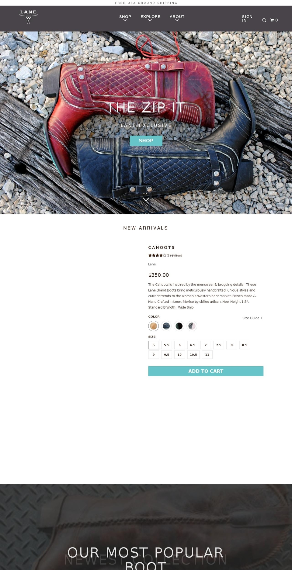 laneboots.com shopify website screenshot