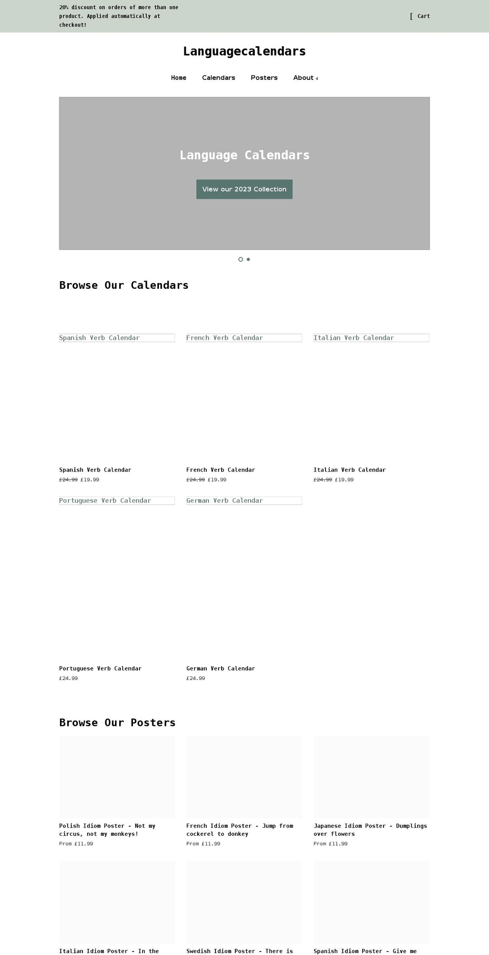 languagecalendars.com shopify website screenshot