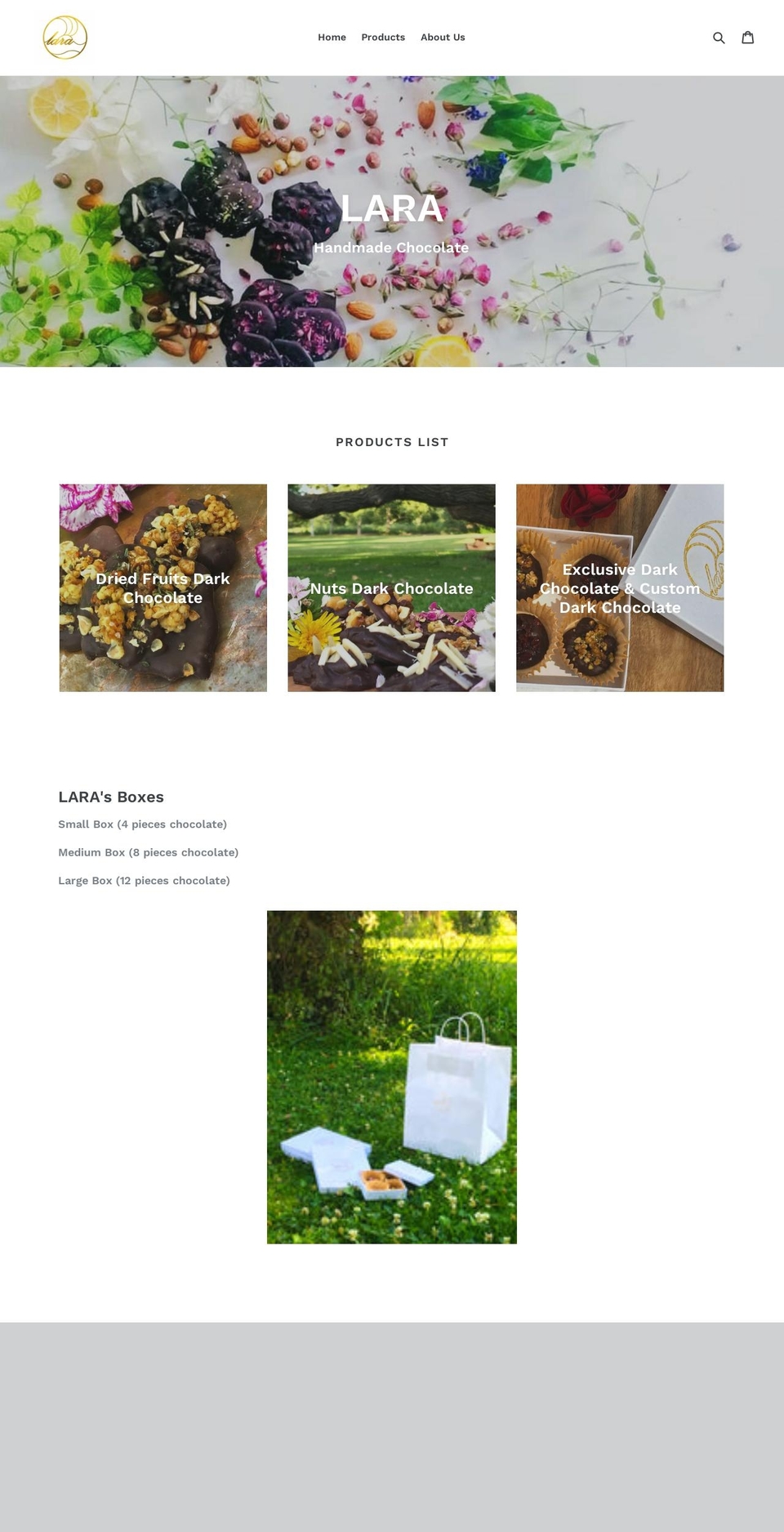larahandmadechocolate.com — Shopify storefront screenshot