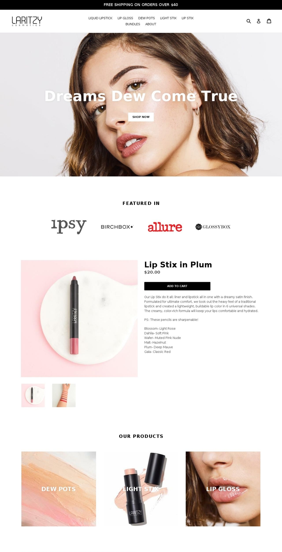 laritzycosmetics.com — Shopify storefront screenshot