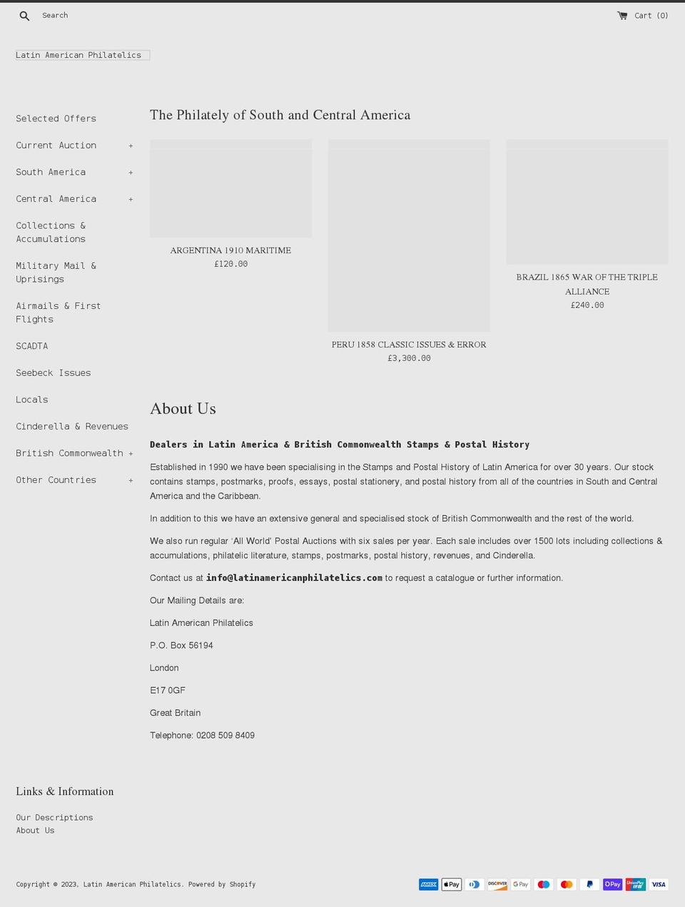 latinamericanphilatelics.com shopify website screenshot