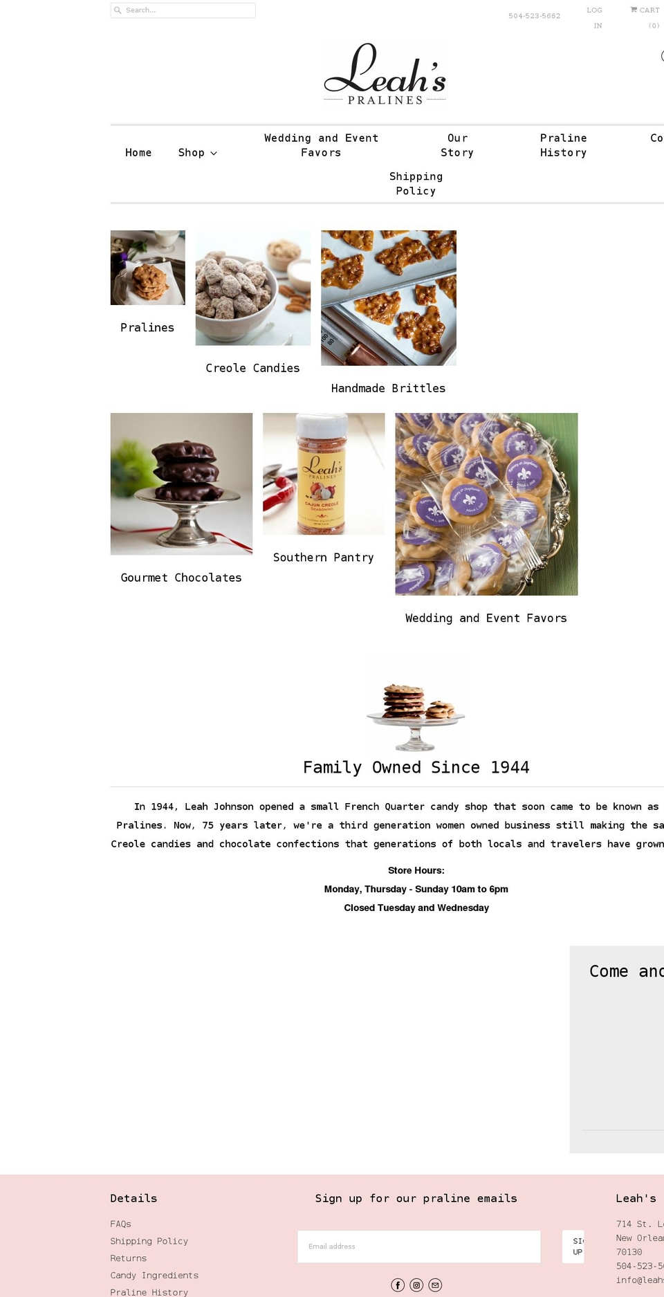 leahspralines.com shopify website screenshot