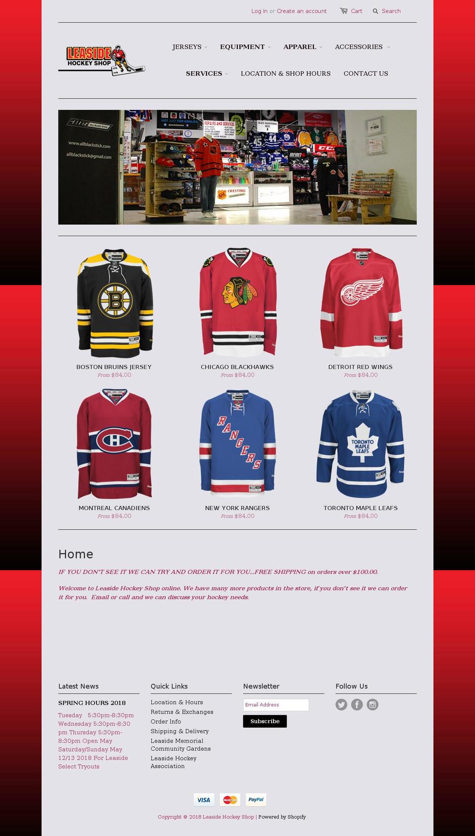 leasidehockeyshop.com shopify website screenshot