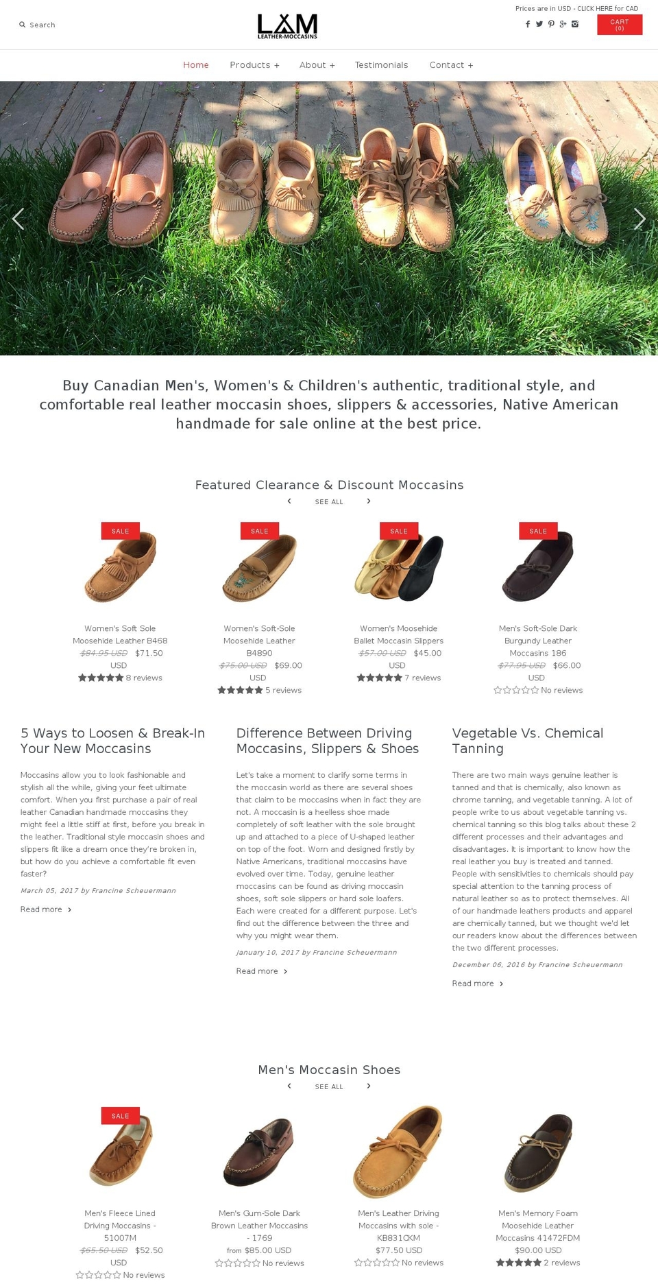 leather-moccasins.com shopify website screenshot