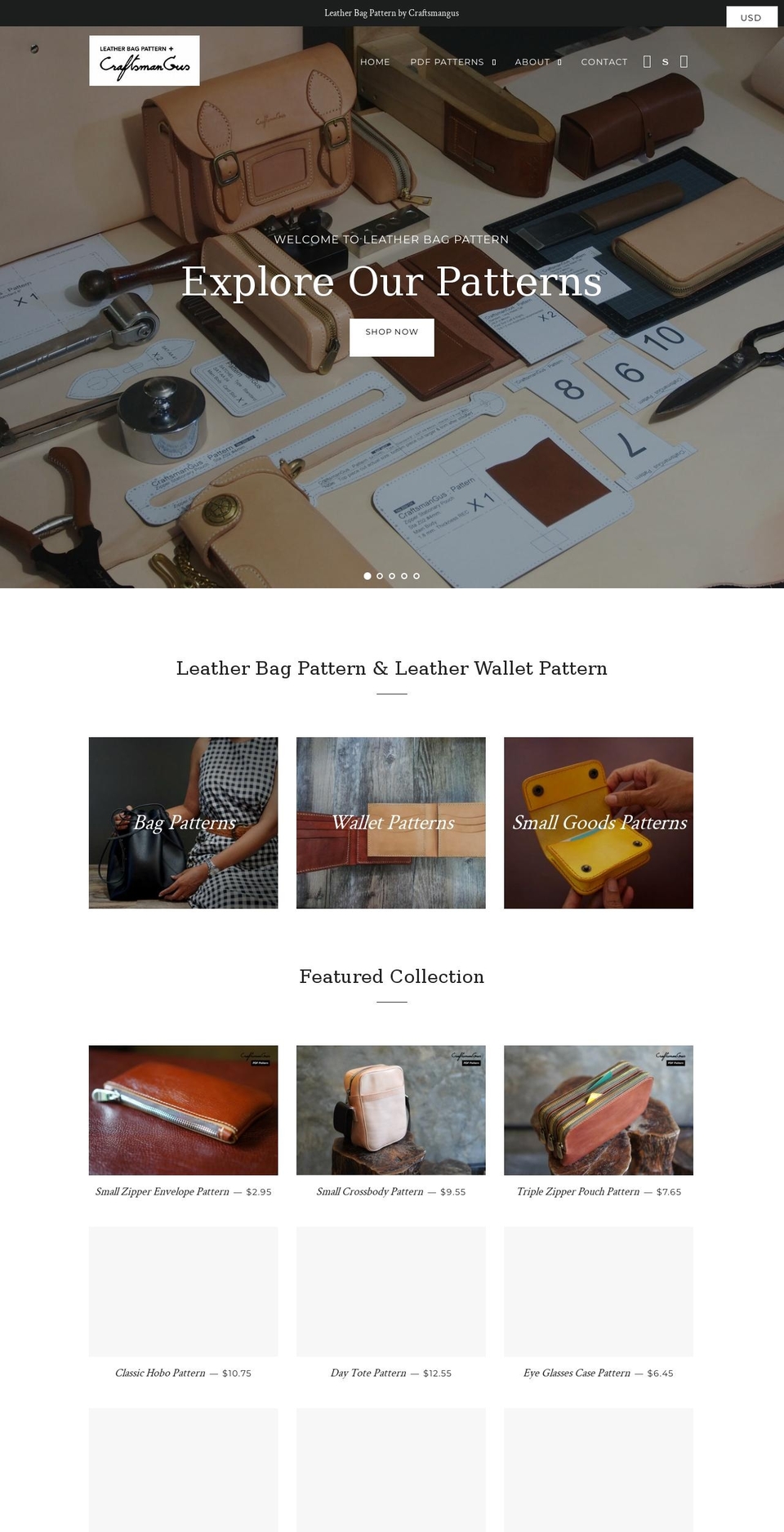 leatherbagpattern.com shopify website screenshot