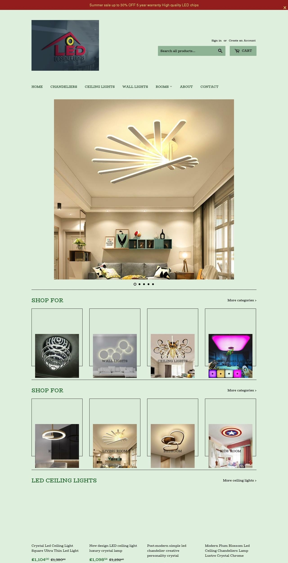 leddesignerlights.com — Shopify storefront screenshot