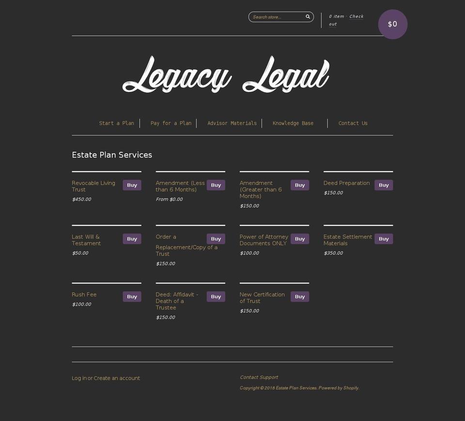 legacy-legal-plan.myshopify.com shopify website screenshot