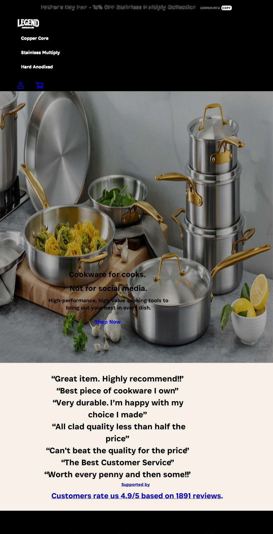 legendcookware.com shopify website screenshot