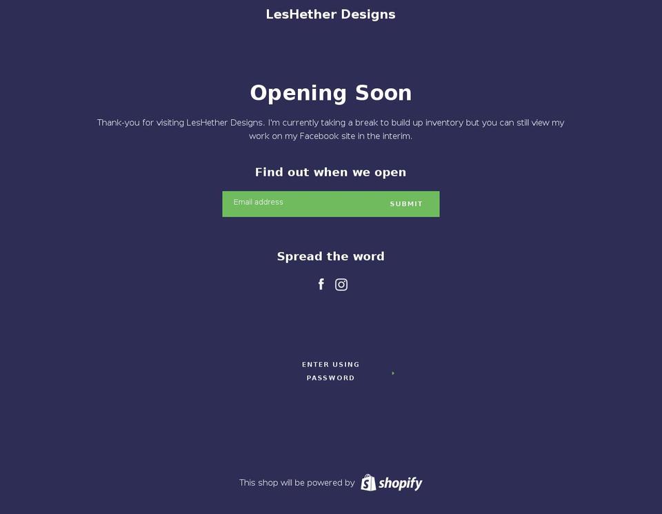 leshetherdesigns.com — Shopify storefront screenshot