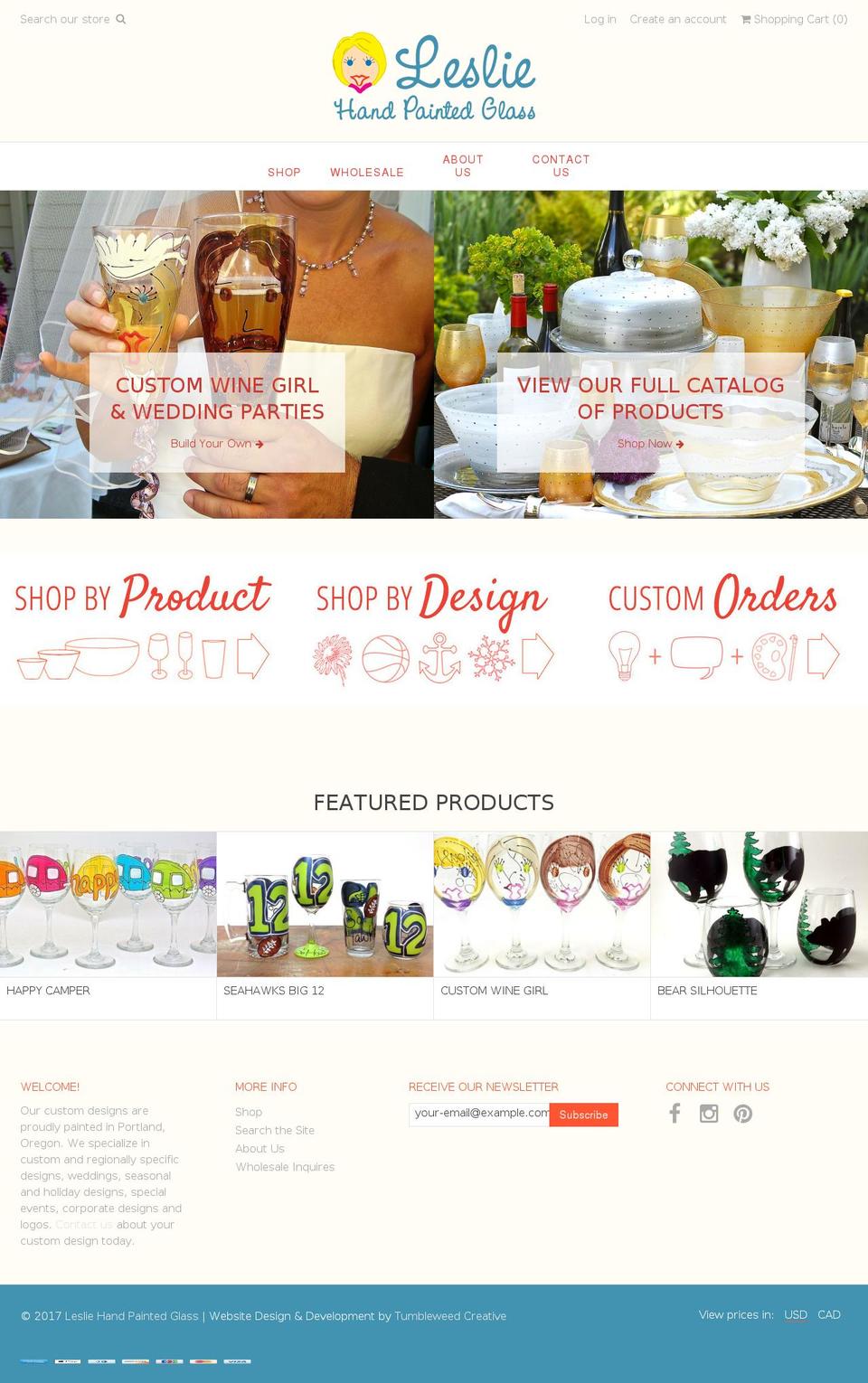 lesliepaintedglass.com shopify website screenshot